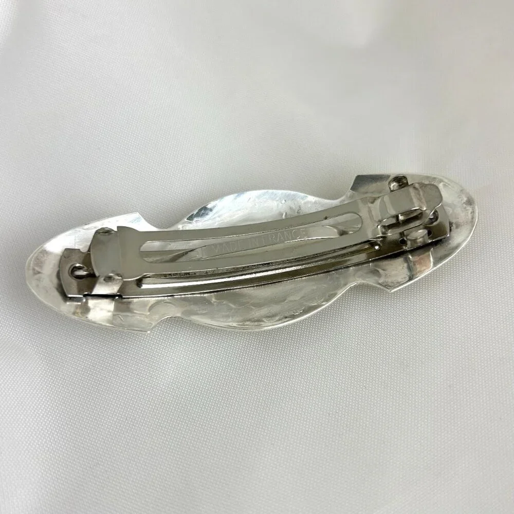 Sterling 925 Silver, Stamped Hair Clip w/ Rose Quartz Cabochons 3.75